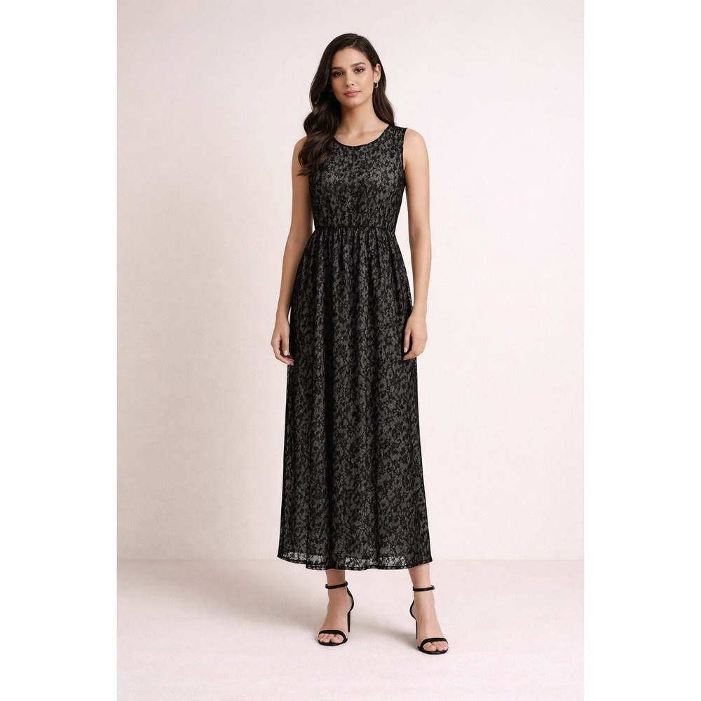 90s Gothic Black Lace Maxi Dress Medium Sleeveless‎ Vintage Boho